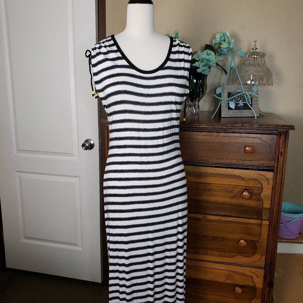 SOFT Michael Kors Black and White Striped Scoop Neck Maxi Dress